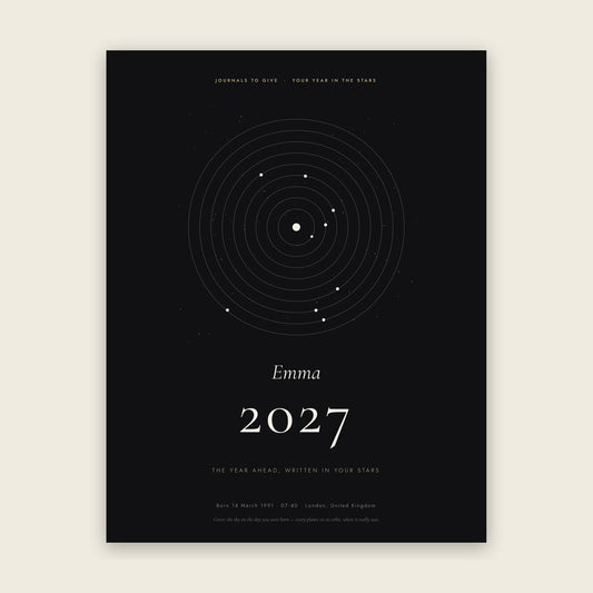 Personalised 2027 Year Ahead reading cover with the sky on the day they were born