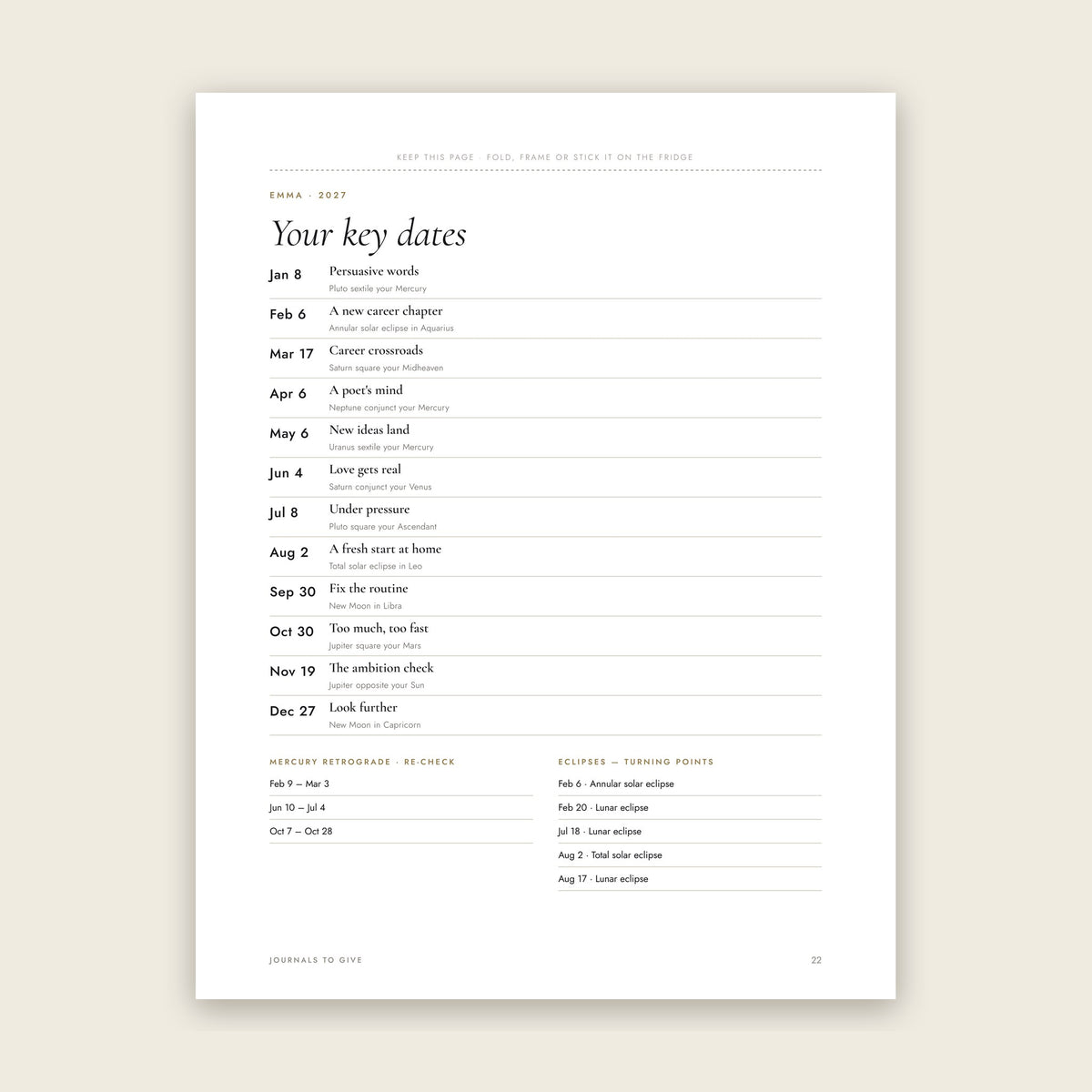 Key dates page to keep on the fridge