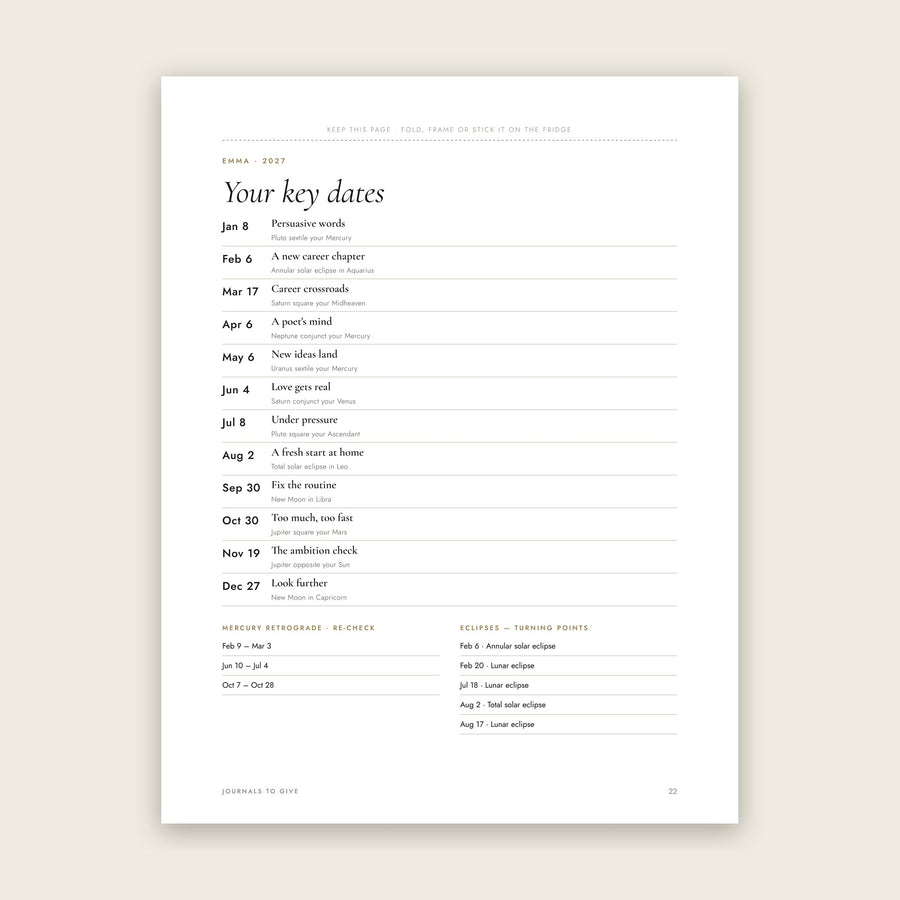 Key dates page to keep on the fridge